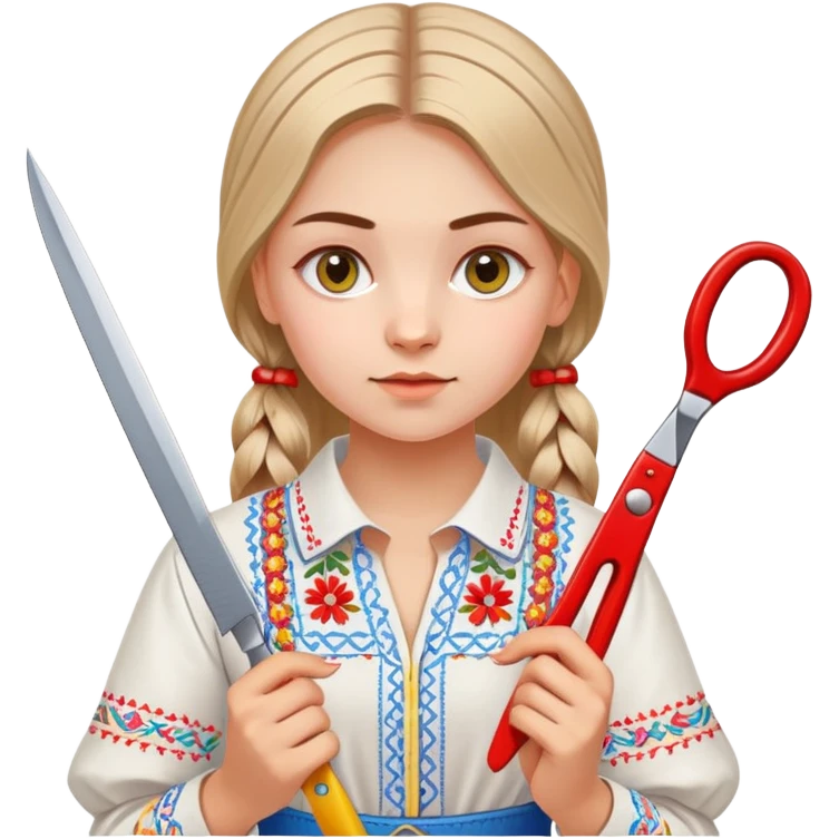 Ukrainian young girl in a white embroidered traditional shirt (vyshyvanka) holding scissors and colored cardboard emoji