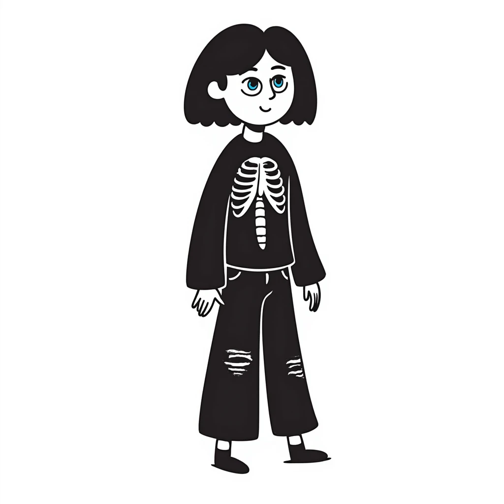 black-haired, blue-eyed person wearing a black skeleton top and ripped black jeans emoji