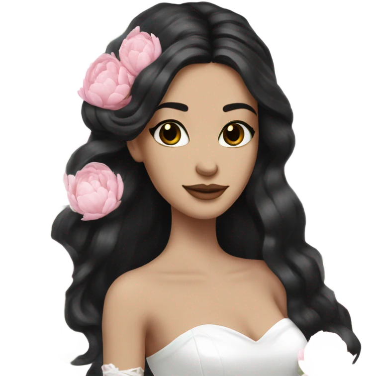 White bride with long black hair and brown eyes with light pink peonies in hair white skin  emoji