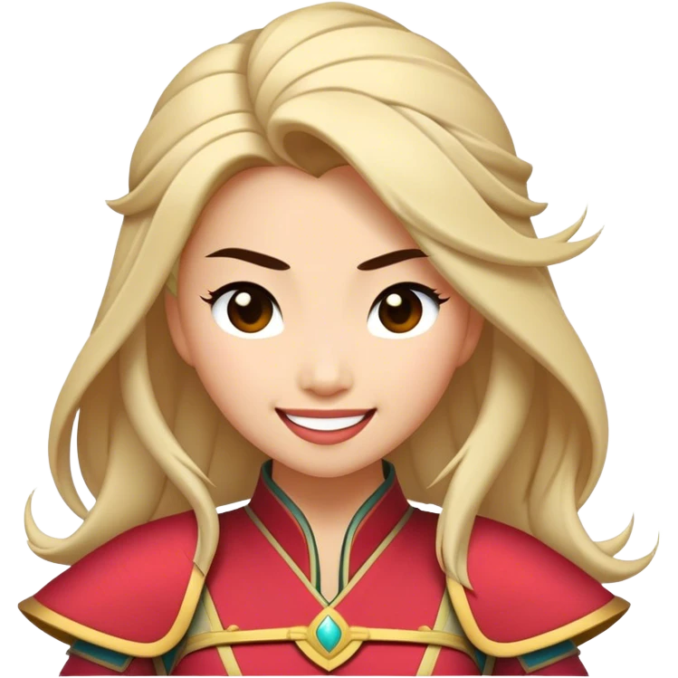 Cinematic Playful Mulan Portrait Emoji, Mid-laugh with a strand of hair falling over her face, adjusting her armor, eyes full of adventure, exuding an irresistible mix of beauty and fun, the perfect blend of warrior and princess! emoji