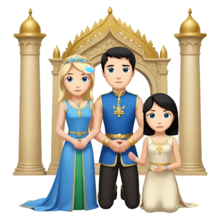 Man as king, black Hair, blue eyes, woman, blonde, green eyes, shott white sleveless Dress, kneeling, background palace emoji