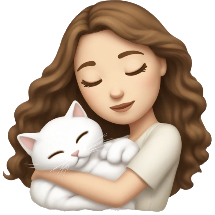 White girl brown hair sleeping with white kitty emoji