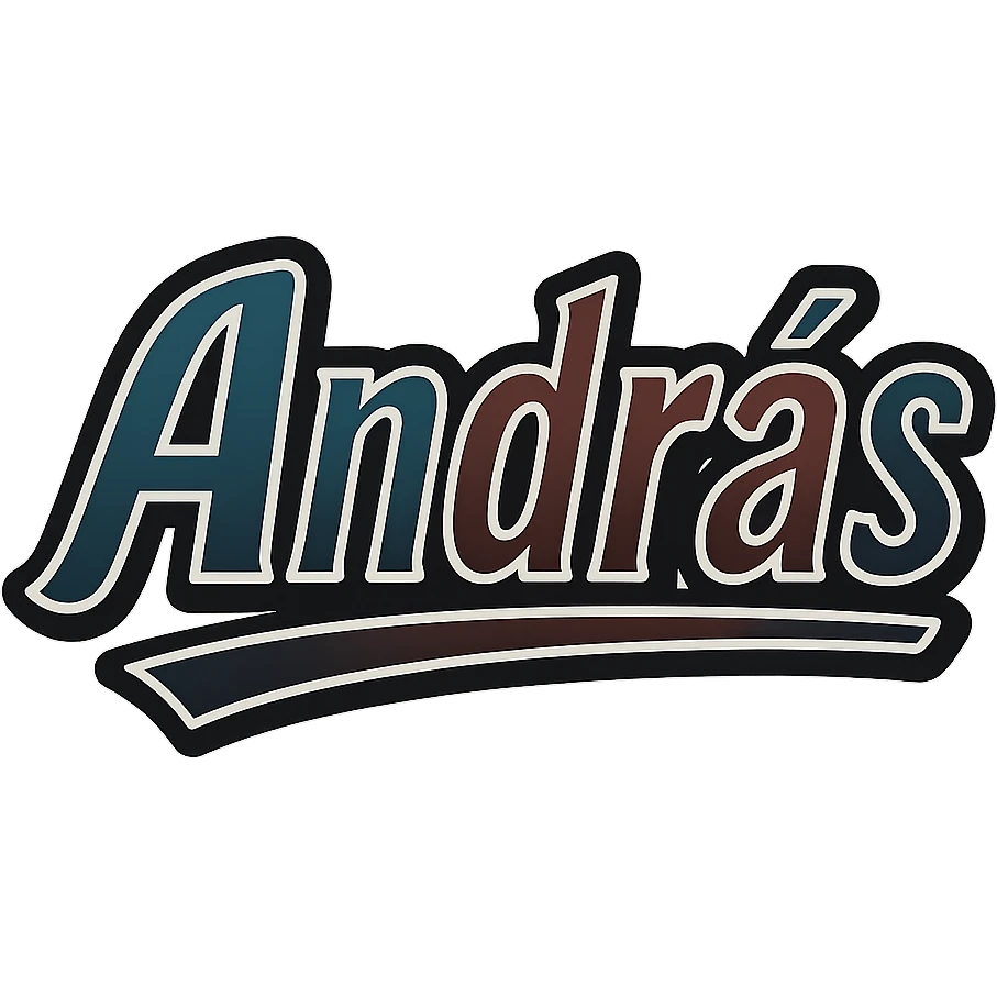 Text image of the name 'András' in a modern, dynamic font with masculine gradient colors including blue, green, gray, dark burgundy, brown, and dark blue shades. The text has a thin white outline, a dark outer contour, and an underline. The style is inspired by the Péter sample image. Size 1000x1000 px, PNG format, transparent background. emoji