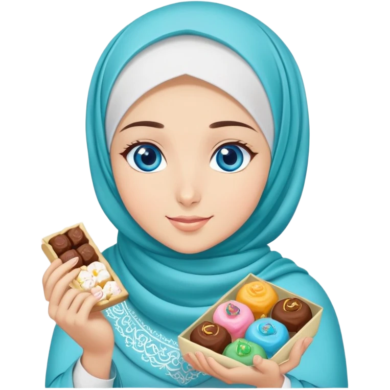 Turkish beautiful finish Konya girl blue eyes with turkis hijab islamic dress and had on her hand text Eid Mubarak with sweets and celebrating with her friends eid days   emoji