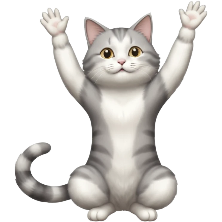 grey and white cat doing a big long stretch reaching up into the air with arms and legs side by side together emoji