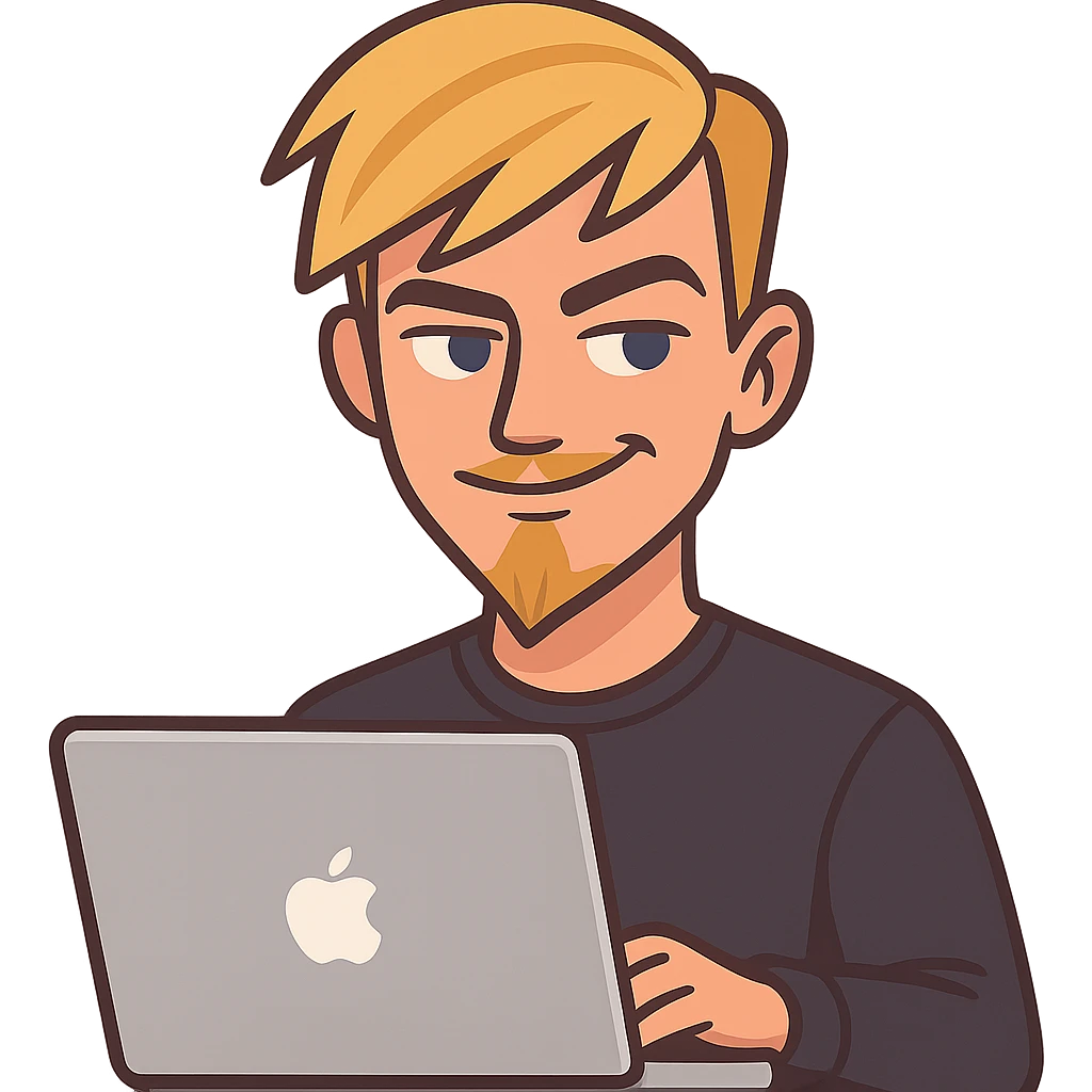 flat-toon style young blond male, blue eyes, modern forward-styled hair with fringe, sly proud smile, thin blonde mustache and sharp goatee, working on MacBook, clean, stylish, tech-savvy, web-ready emoji