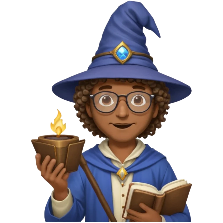 A Joyful Adult Male with Brown skin and Curly hair, wearing a Traditional outfit, a Wizard hat, Sunglasses, carrying a Spellbook, working as a farmer, while drinking Coffee and reading a Textbook. emoji