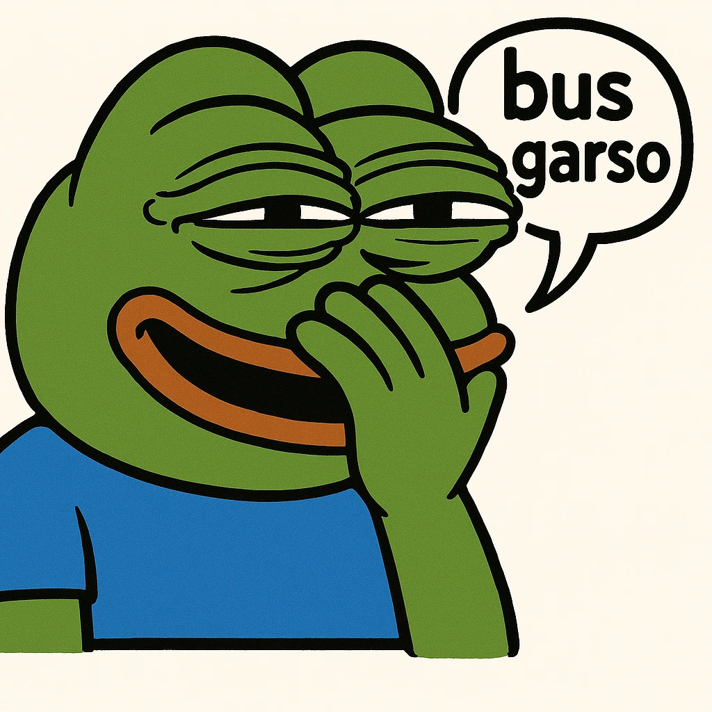 Edit the classic Pepe the Frog in 3D emoji style with hand over mouth, eyes squinting, about to burst out laughing, with a speech bubble 'bus garso'. Classic Pepe look, no drink, focus on face and expression. Variant 4. emoji