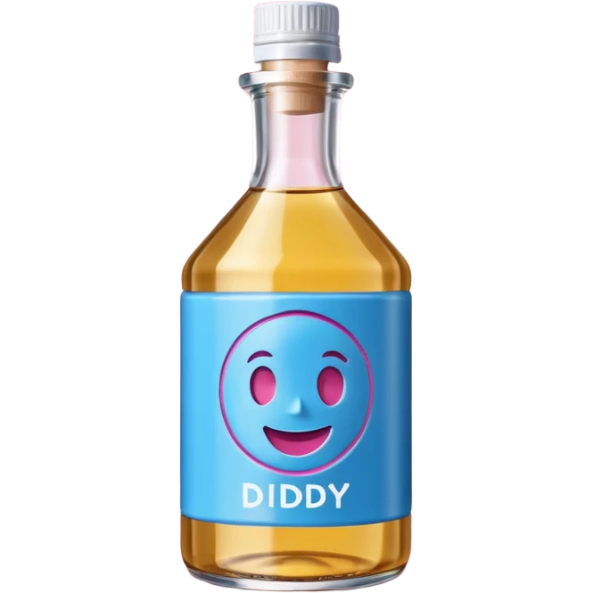 Smiling bottle of oil blue top pink outside with logo that says diddy oil emoji