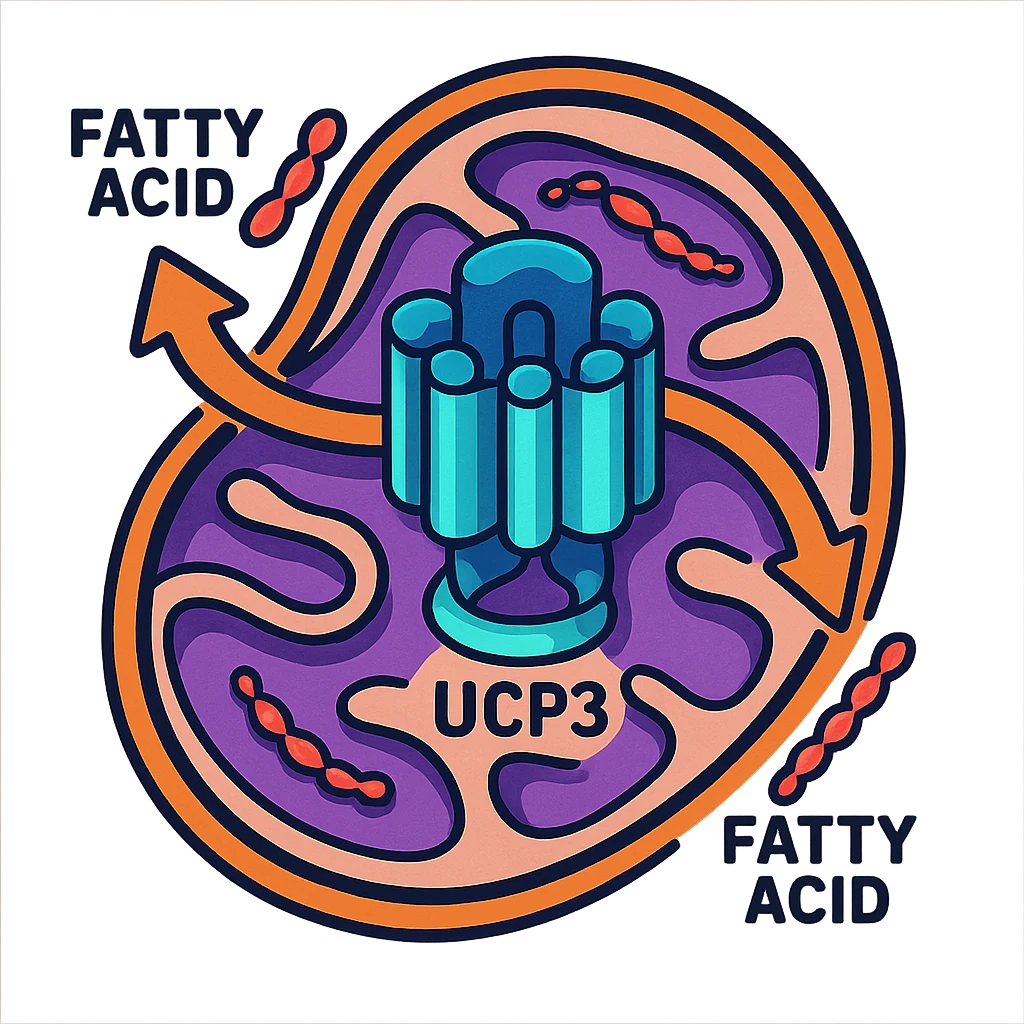 modern illustrative style molecular details of UCP3 protein transporting fatty acids inside stylized mitochondrion, arrows showing fatty acid transport, vivid colors, educational atmosphere, white background emoji
