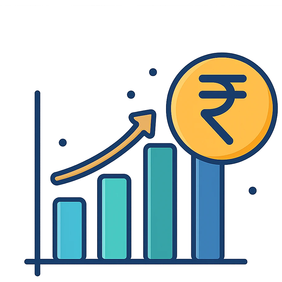 flat-toon style investment concept with bar graph and rupee symbol emoji
