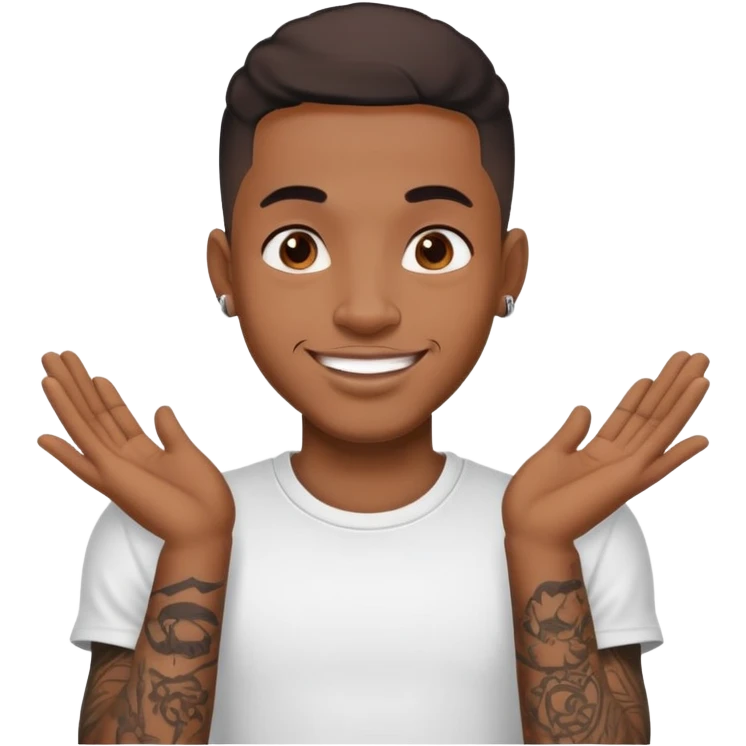 black man with small face tattoos, cheerful expression, wearing a t-shirt emoji