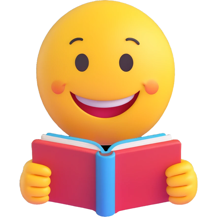 3D smiley emoji, round shape, grandmother with storybook, pink color, smiling face emoji