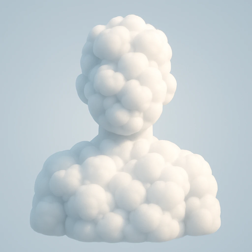 contour of a person from shoulders front view, filled entirely with 3D fluffy white clouds inside, volumetric, soft, realistic light and shadows, in the style of Apple 3D emoji, front view emoji