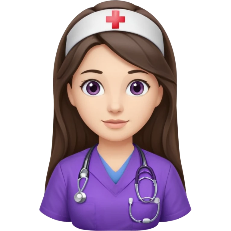 pretty brunette nurse with long hair in purple scrubs emoji