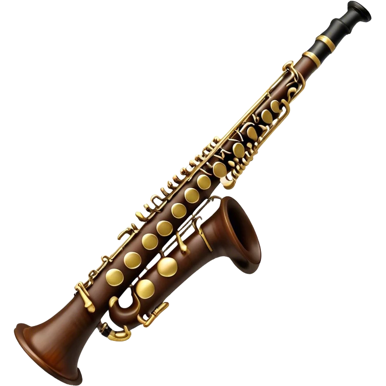 Create an elegant and detailed emoji representing a clarinet. The design should feature the sleek, dark wood finish of the clarinet with its shiny metal keys clearly visible. Highlight the intricate details, such as the bell at the end and the carefully crafted mouthpiece with the reed. Use dark wood tones for the body of the instrument and silver or brass accents for the keys. Add subtle musical notes or soundwaves floating around the instrument to evoke the smooth, melodic sound of the clarinet. The background should be transparent. emoji
