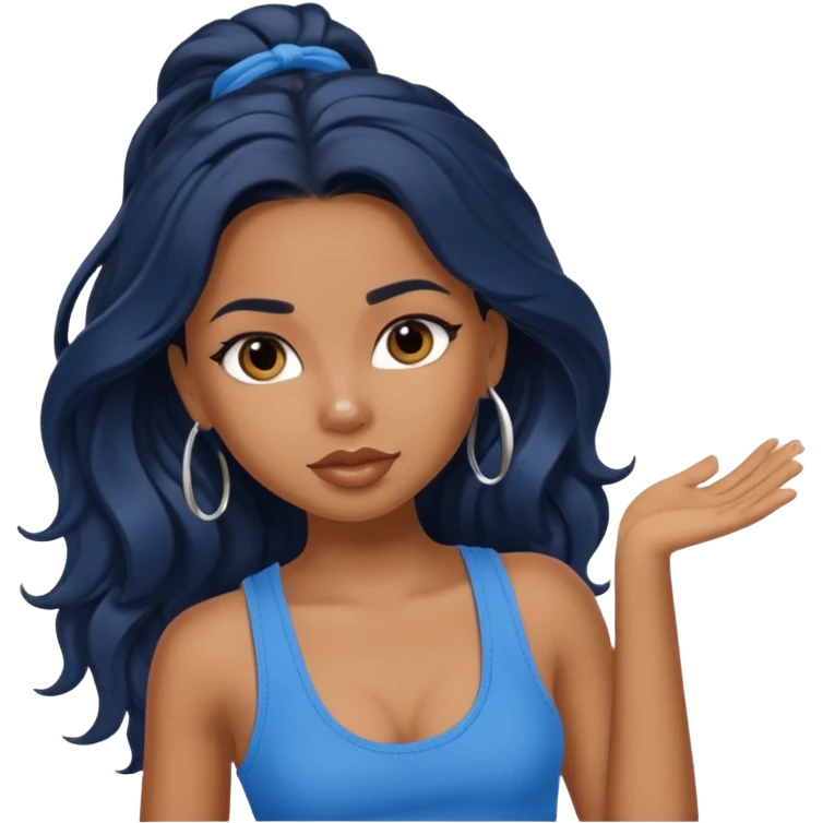 a pretty bratz brown girl with long wavy black color hair and a blue tank top on emoji