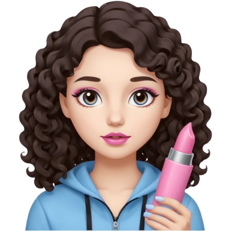A girl with long dark brown hair styled in loose 36mm curls, round-almond Douyin-style eyes with long curled lashes, cool-tone neutral makeup. She’s wearing a light-blue athletic outfit and holding a normal-size pink lipstick (not oversized) in one hand. emoji