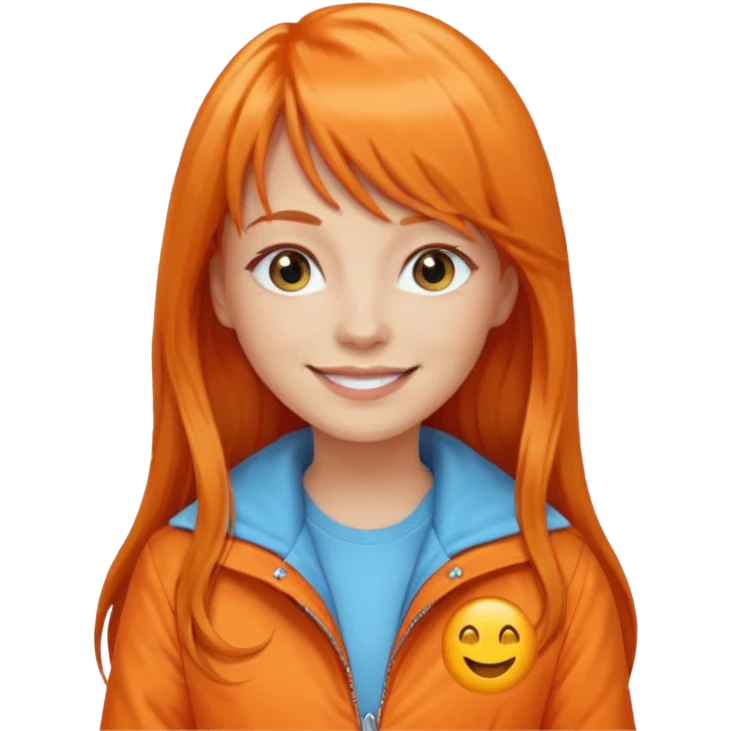 Create a custom emoji-style character inspired by a smiling woman with long orange hair and bangs, light skin tone, light blue eyes, and wearing an orange jacket emoji