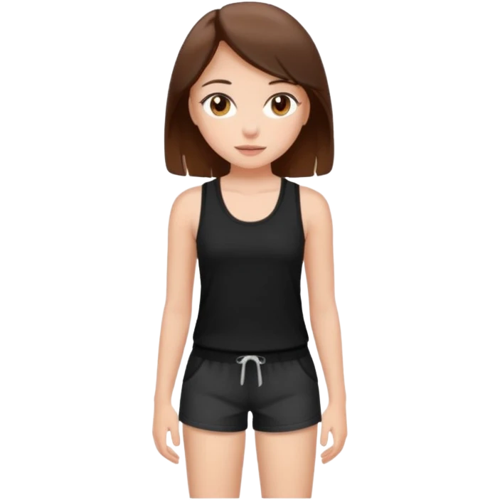 Fata cu ochi căprui, păr șaten, piele albă, îmbrăcăminte maieu negru și pantaloni scurți  emoji