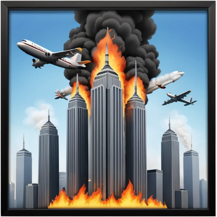 Make a sticker for what happend in New York towers on 9/11 make it 3d with the airplane hitting them  emoji