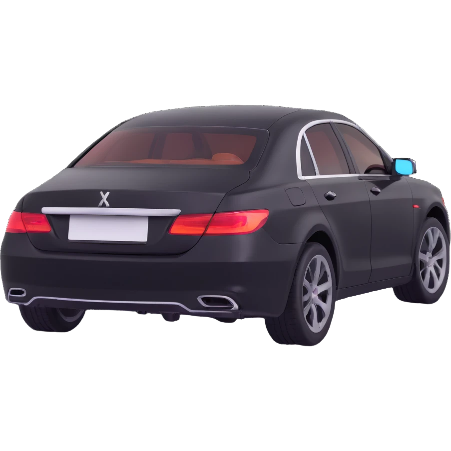 black luxury car with a visible dent, hammer and rod forming an X on the rear right corner, reflection lamp above rear illuminating damaged area, elegant and modern emoji
