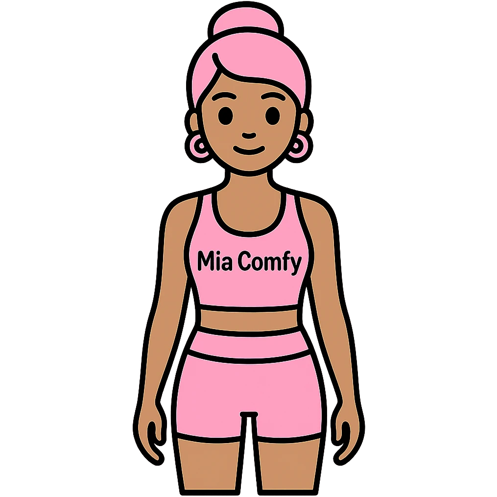 Add the name 'Mia Comfy' in a clear, stylish font on the pink yoga top. Keep the background transparent. emoji