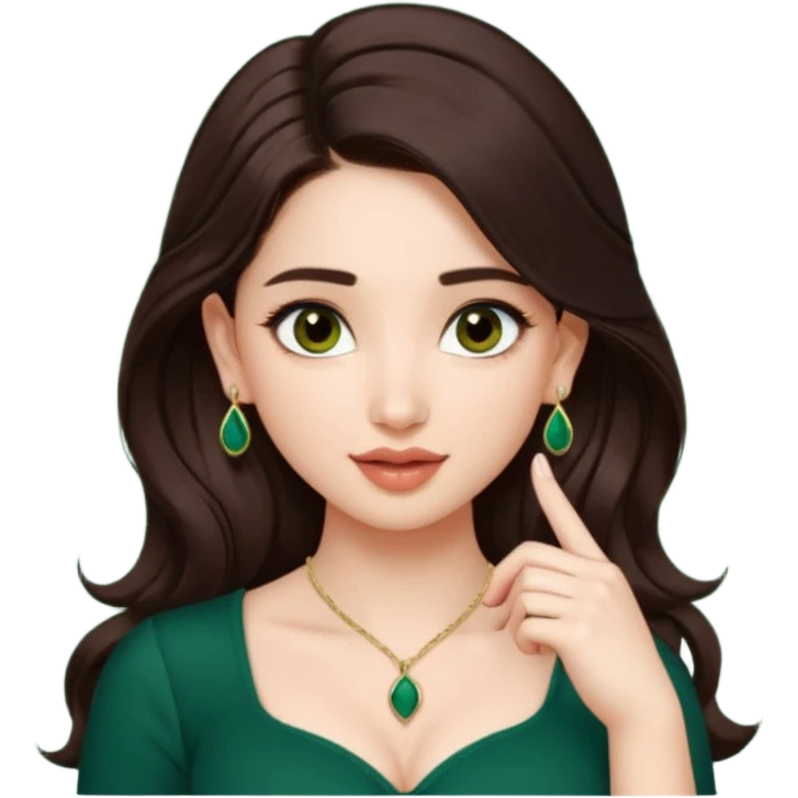 pretty bratz genmoji that, wearing a dark green sweetheart neckline top, dark brown hair, light makeup, no necklace, dangly earrings, SIDE hair part, fair. dark brown eyes, long hair
SHe should look like tamannaah bhatia - bollywood actress
Show her licking her finger  emoji