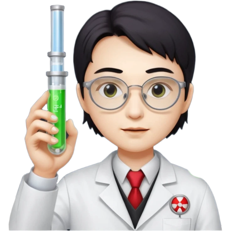 Dr. Lunar Fang – scientist vampire adjusting square lab glasses, holding a glowing test tube of “Type O” fuel emoji