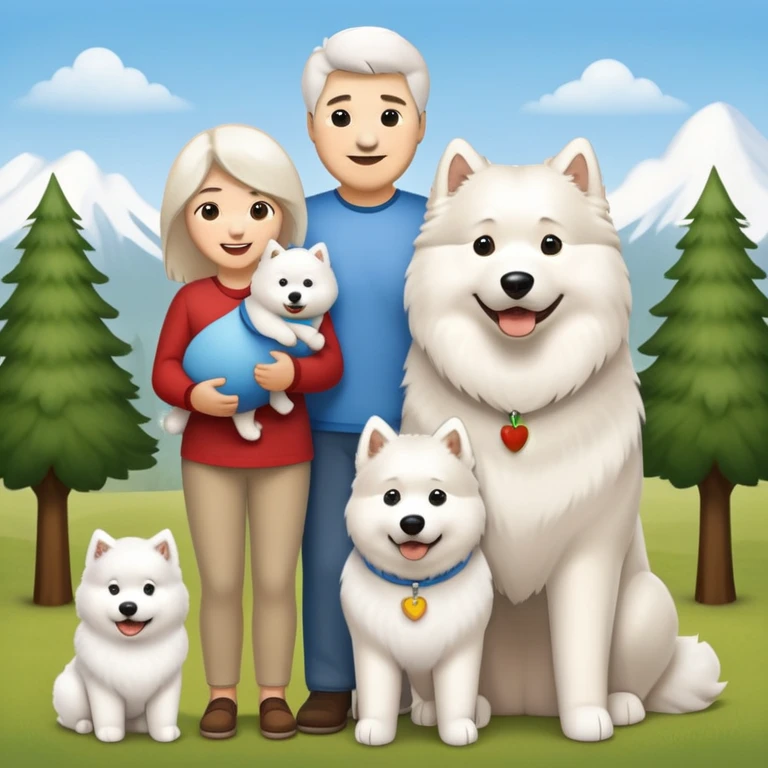 A family portrait in Apple iOS emoji style, featuring a dad, a mom, a 2-year-old baby boy, a fluffy white Samoyed dog, and a large Alaskan Malamute. All characters are smiling and standing close together in a warm, happy scene. emoji