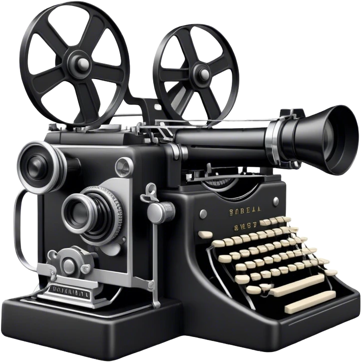 Create an emoji representing screenwriting. The design should feature an open script with visible dialogue and action lines, symbolizing the writing of a screenplay. Add a movie camera next to the script to emphasize the cinematic aspect of screenwriting. Include a classic typewriter to signify the process of creating a script. Use a professional color palette with black, white, and subtle metallic tones. Do not include any emojis or smiley faces. Make the background transparent. emoji