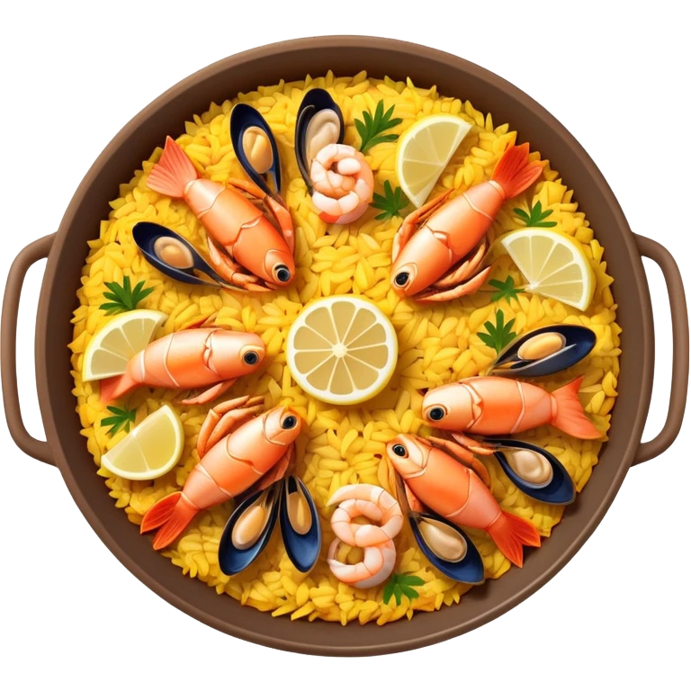 cinematic-realistic-paella-dish-emoji,-depicted-as-a-vibrant,-aromatic-rice-dish-loaded-with-seafood,-chicken,-and-saffron-rendered-with-rich-textures-and-dynamic,-warm-lighting with a lemon slice in the middle emoji