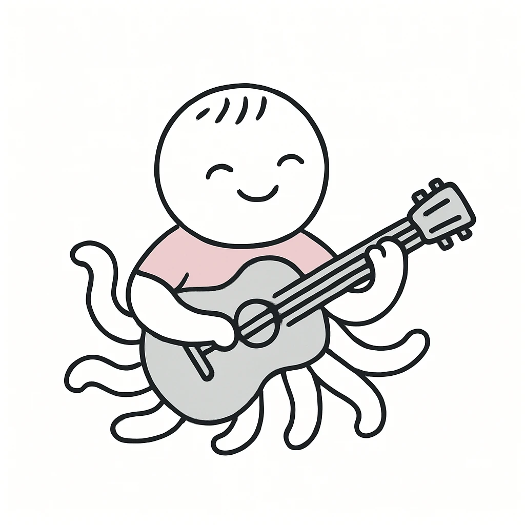 happy octopus with multiple arms playing guitar emoji