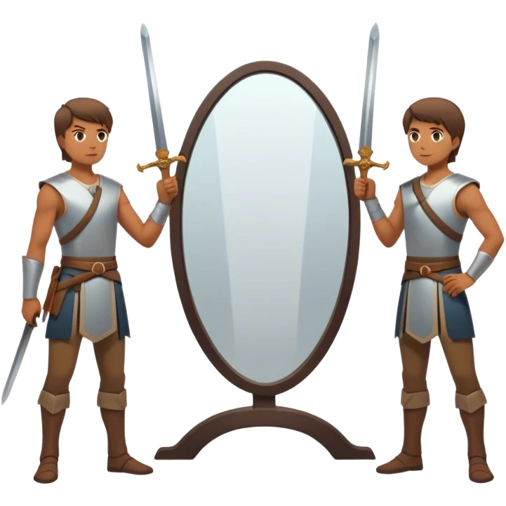 A person standing in front of a mirror, looking at their own reflection, while a sword on the ground beside them. The mirror represents self-awareness and acceptance emoji
