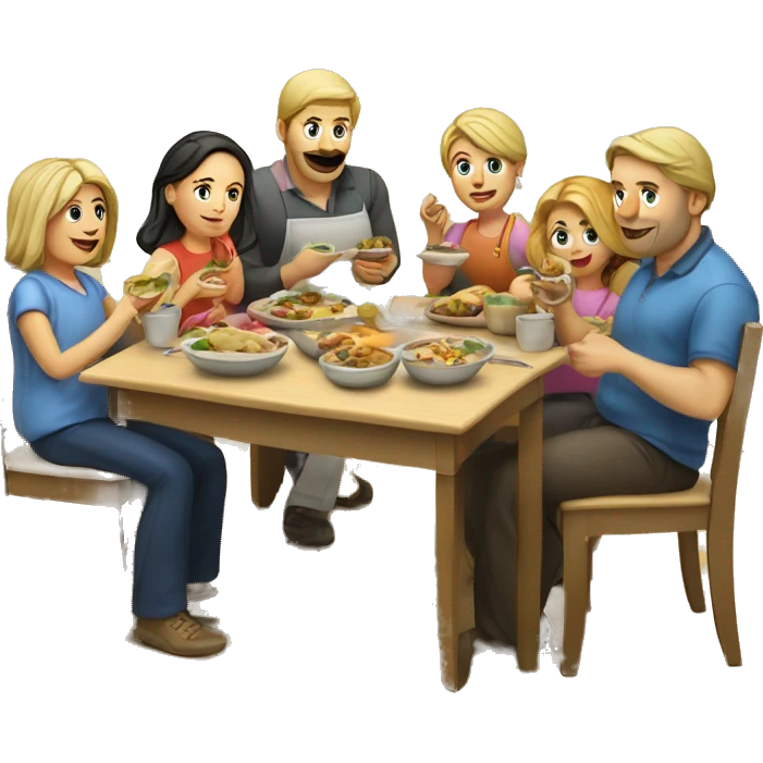 Caucasian family of 8 members eating at kitchen  emoji