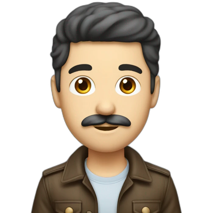 un garçons brun cheveux mi long avec écouteur yeux bleus casquette et moustache peau normal emoji