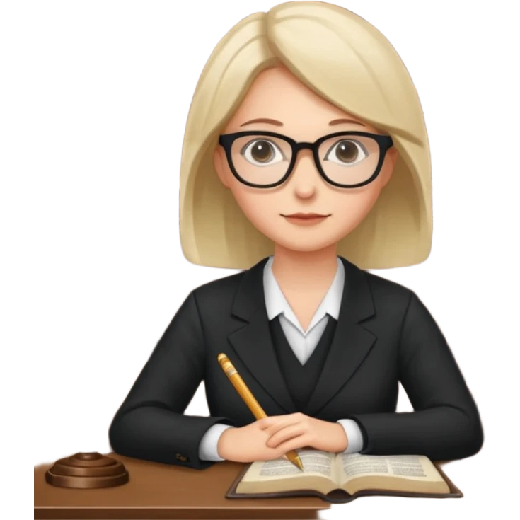 lawyer woman, sitting at a desk with law books, glasses, focused emoji
