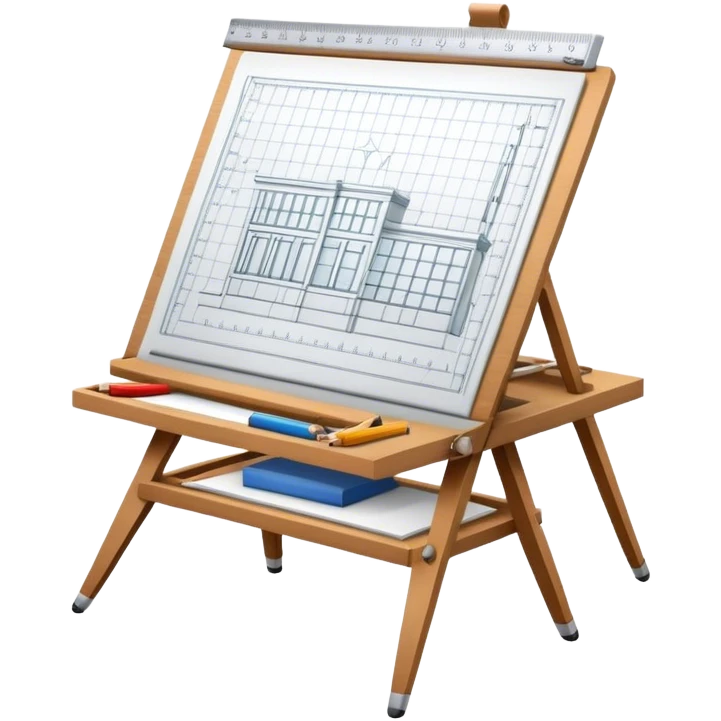 Sleek icon for Architecture: engineer's drawing board with 3D model of the building,  pencil, architect's easel, rulers and protractor. Transparent background. emoji