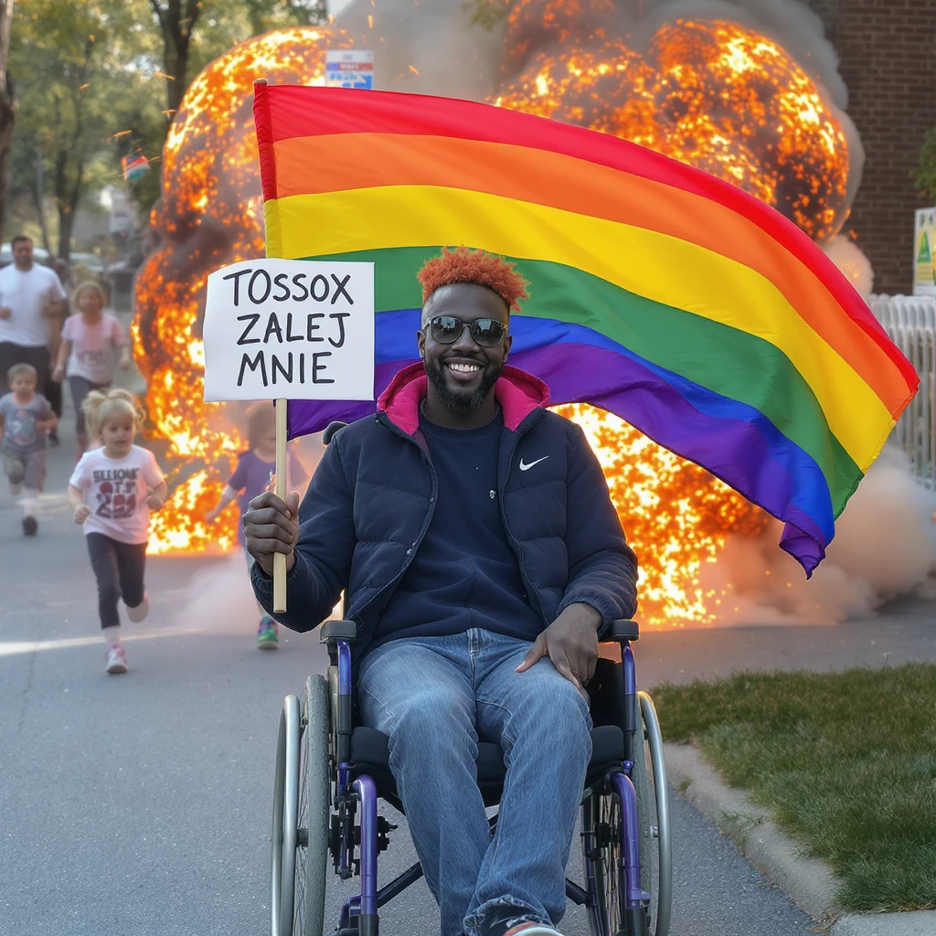 Black man with red hair sitting on wheelchair holding lgbt flag holding text "T0ssox zalej mnie" explosion behind and kids running away emoji