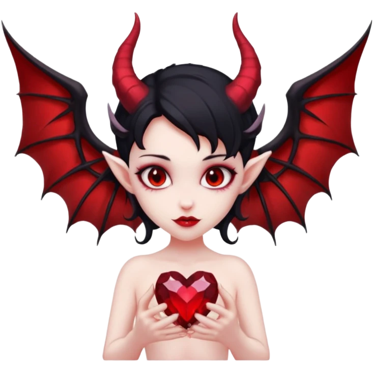 small black succubus wings, cryhstal heart red, succubus tail emoji