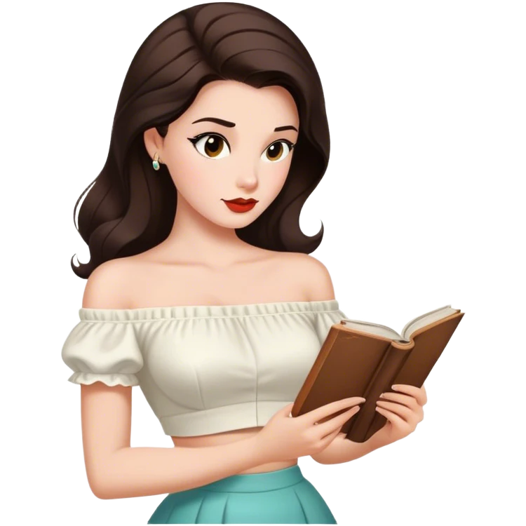 Beautiful woman in 1950’s woman fashion look, off-shoulder white shirts crop top, long dark brown hair, reading emoji