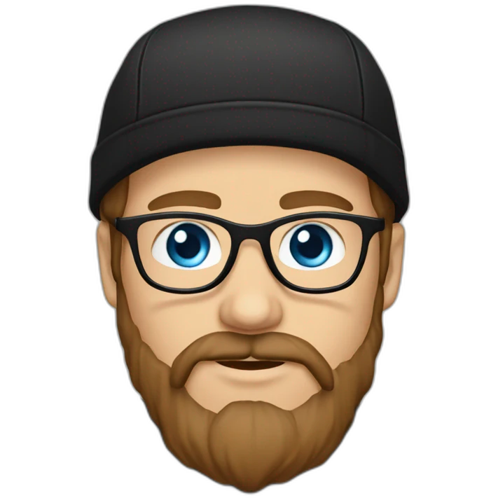 guy with straight very long brown hair and blue eyes and wears transparent glasses and with beard and wears black tshirt and wears black cap emoji