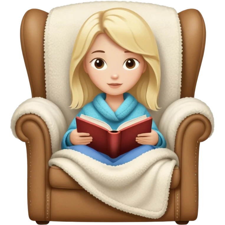 pretty blonde model reading a book in a cozy sherpa armchair with a blanket emoji
