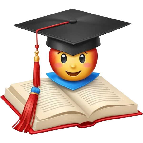 Apple emoji style graduation cap with a blue tassel, floating above an open book, clean background, cheerful emoji