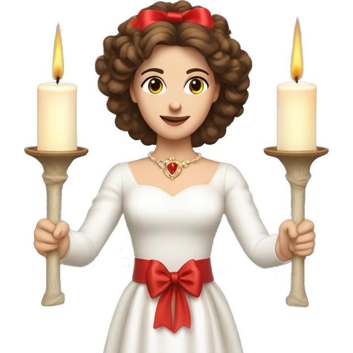 brown haired women with white gown red silk bow belt and spur head wreath with white candles on top of it emoji