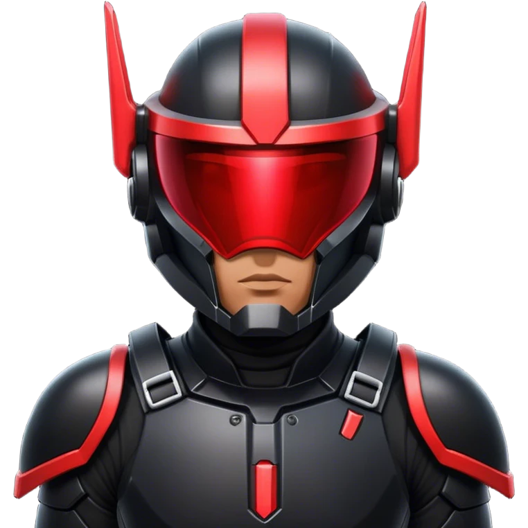 A futuristic man bounty hunter in sleek black armor, glowing red visor in the dark emoji