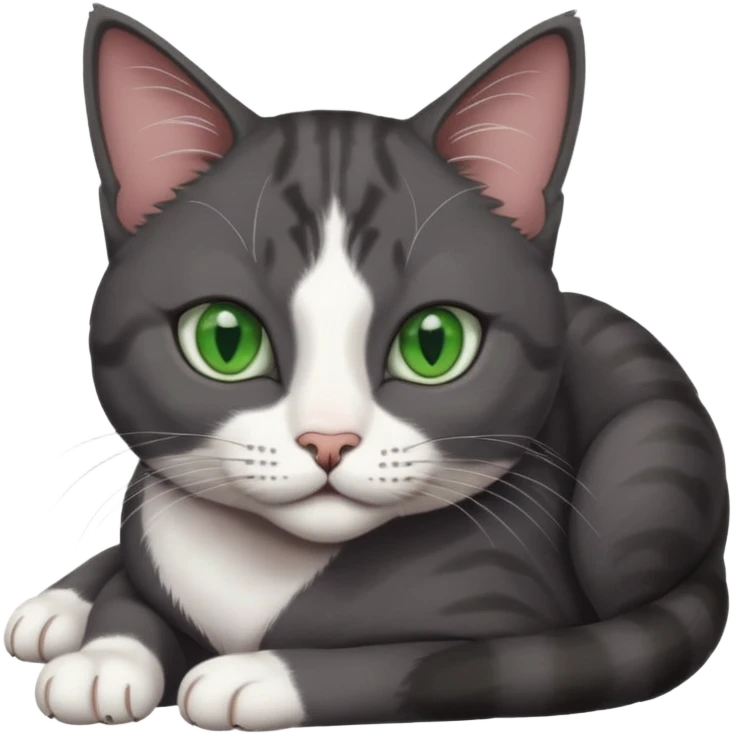 beautiful female solid dark grey cat with green eyes, white toes/paws and white patch on her chest lying down emoji