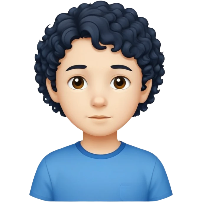bé 10 tuổi, da trắng, tóc ngắn, xoăn, màu đen, áo màu xanh  emoji