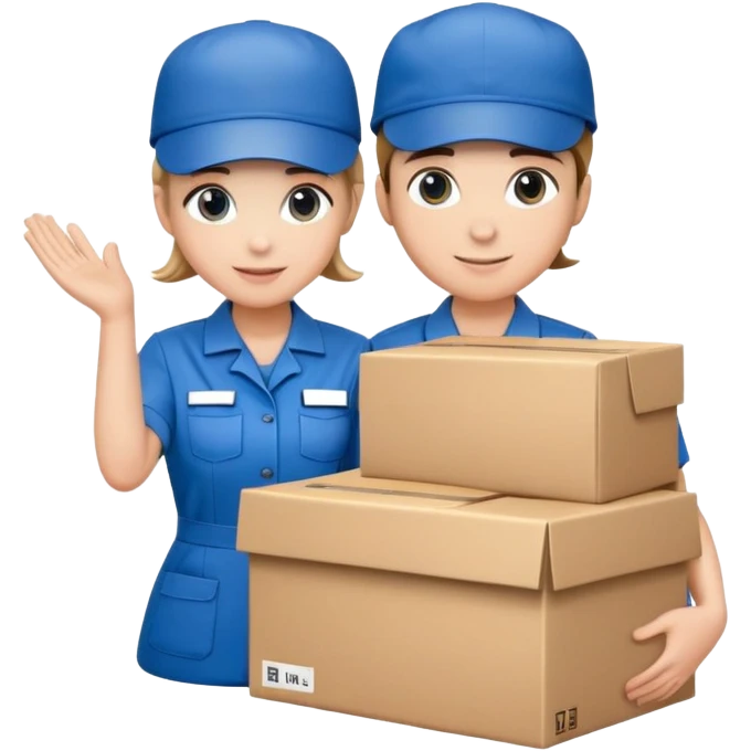 two suppliers in blue work uniforms wearing hat-style caps holding a big box together emoji