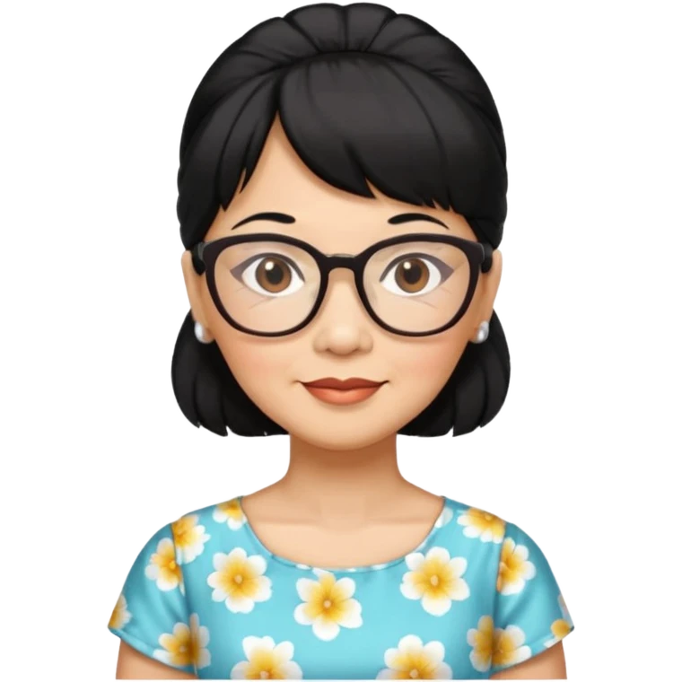 filipino woman black hair in one pony tail with straight bangs and big glasses, 60 yr old, nice dress

 emoji